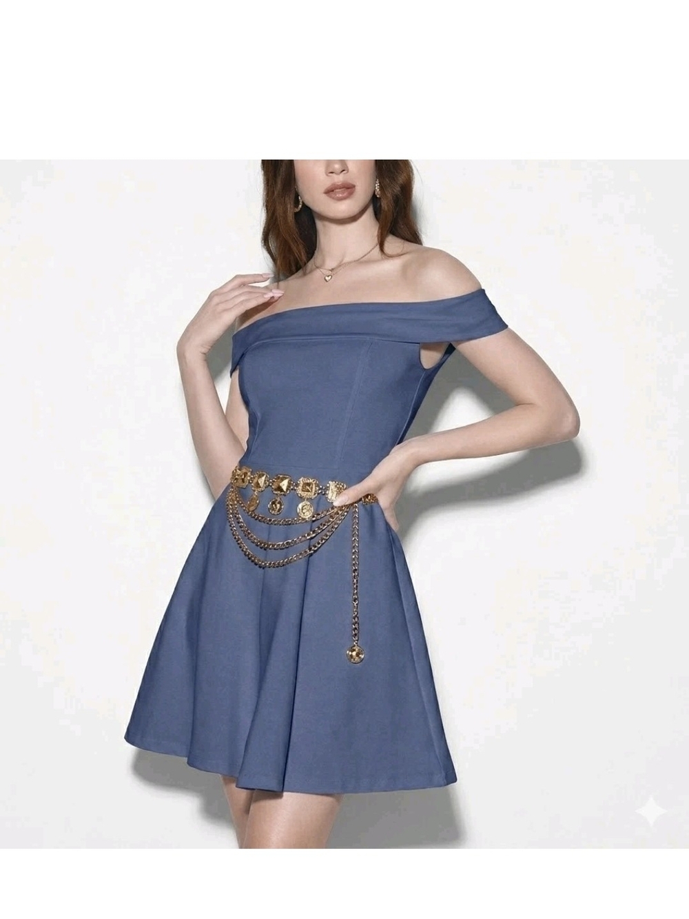 LULUS Blue Off The Shoulder Skater Dress  Mini Fit & Flare Party Cocktail Size M